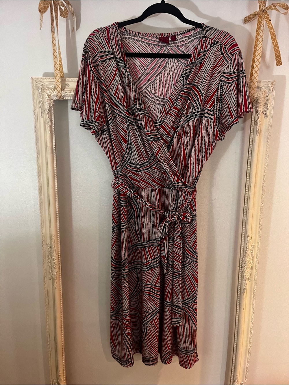 212 Collection Red and Black Patterned Wrap Midi Dress